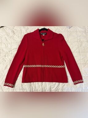 St. John Collection Marie Gray Red Santana Knit Gold Chain Jacket Size 2